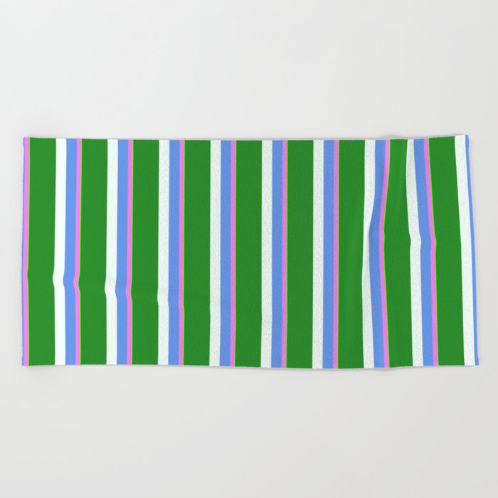 Eyecatching Green, Violet, Cornflower Blue, Mint Cream & Forest Green Colored Pattern of Stripes Beach Towel