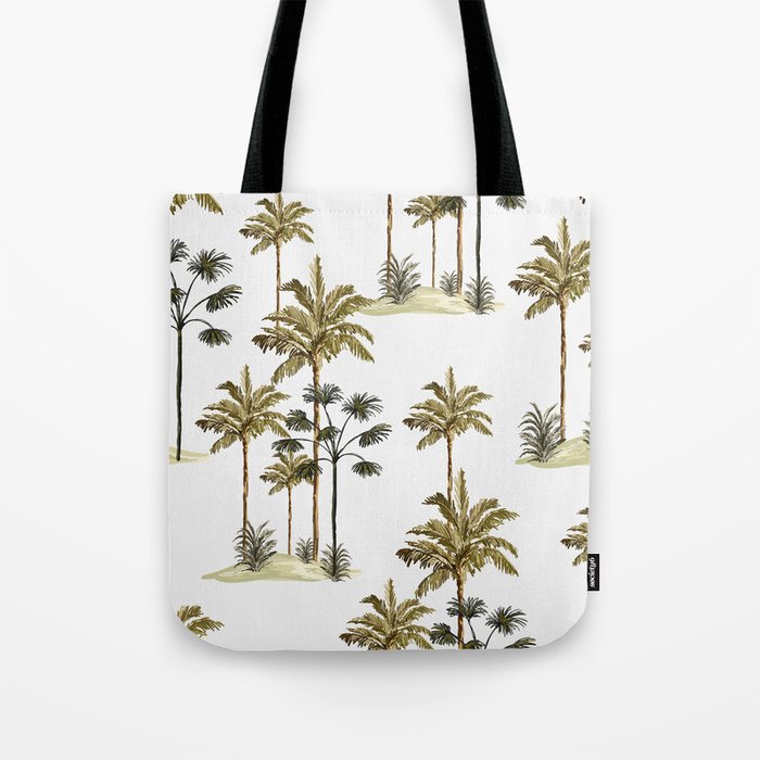 Tropical vintage botanical landscape, palm tree, banana tree, plant floral seamless border on a white background. Exotic green jungle wallpaper.  Tote Bag
