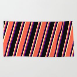 [ Thumbnail: Tan, Red, Indigo, and Black Colored Striped/Lined Pattern Beach Towel ]