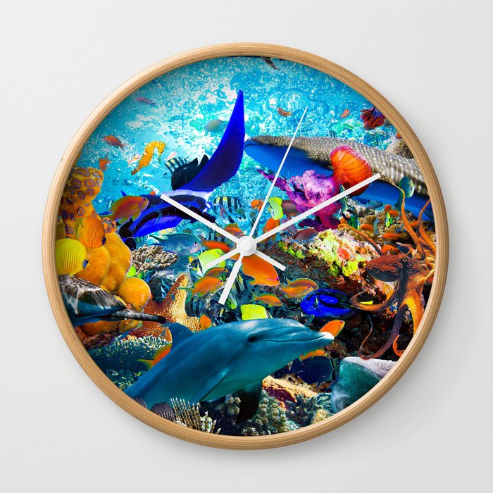 Ocean Dolphin Shark Turtle Coral Sea Fish Orca Whale Reef Wall Clock