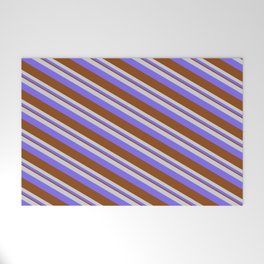 [ Thumbnail: Light Gray, Medium Slate Blue & Brown Colored Pattern of Stripes Welcome Mat ]