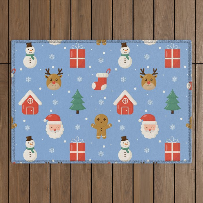 Christmas Characters Seamless Pattern on Blue Background Outdoor Rug