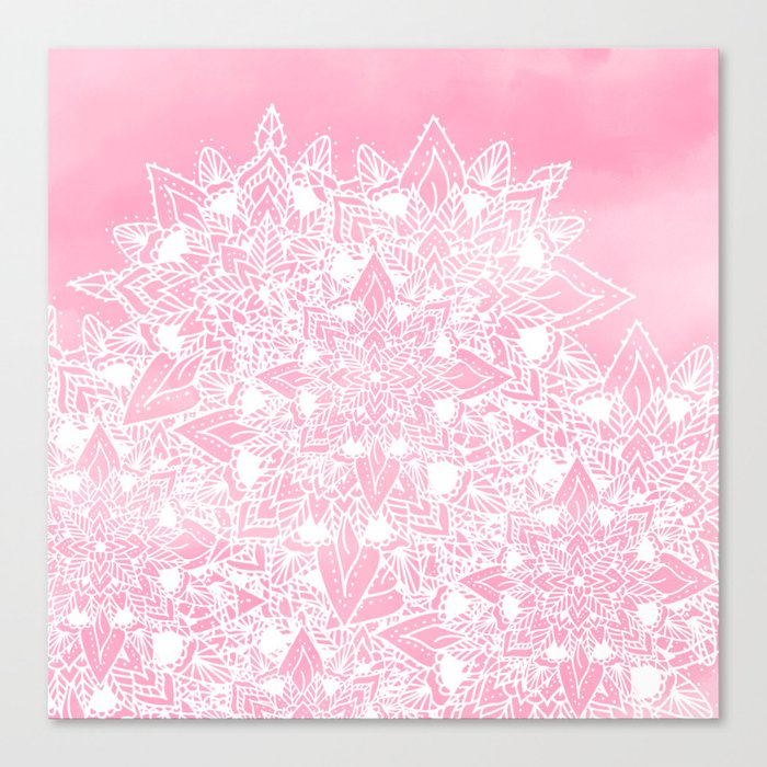 Modern white floral lace mandala pink watercolor illustration pattern Canvas Print