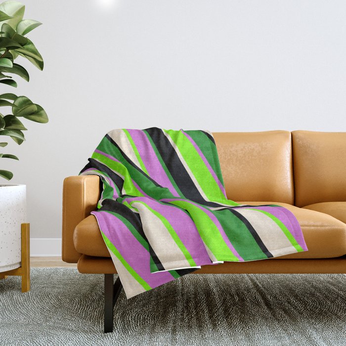 Colorful Green, Beige, Black, Forest Green, and Orchid Colored Stripes/Lines Pattern Throw Blanket