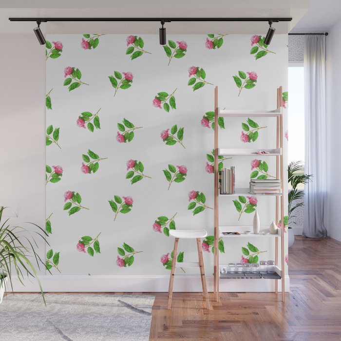 Hand painted pink green watercolor hand painted floral Wall Mural