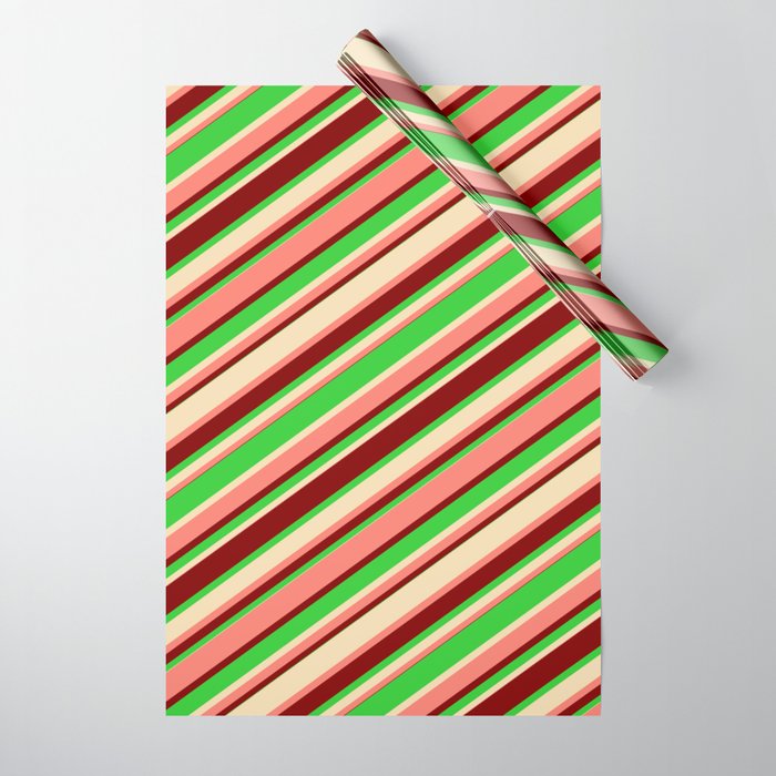 Salmon, Maroon, Lime Green & Tan Colored Lines Pattern Wrapping Paper
