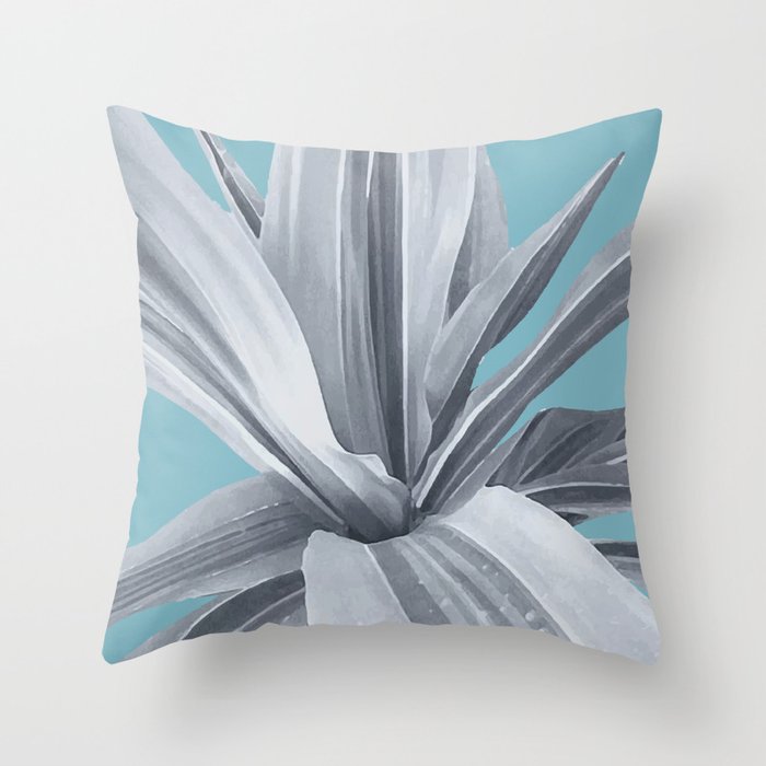 Grey Leaves. Tropical blue. Throw Pillow
