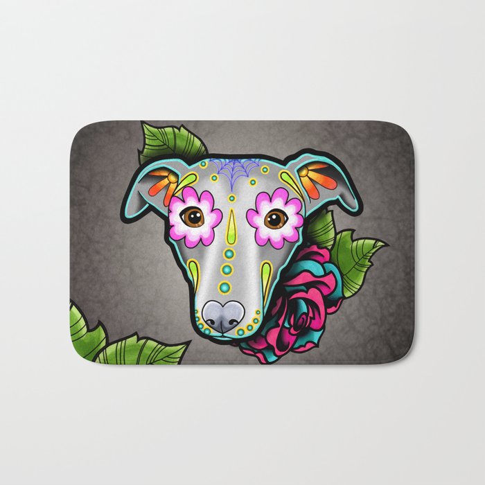 Greyhound - Whippet - Day of the Dead Sugar Skull Dog Bath Mat