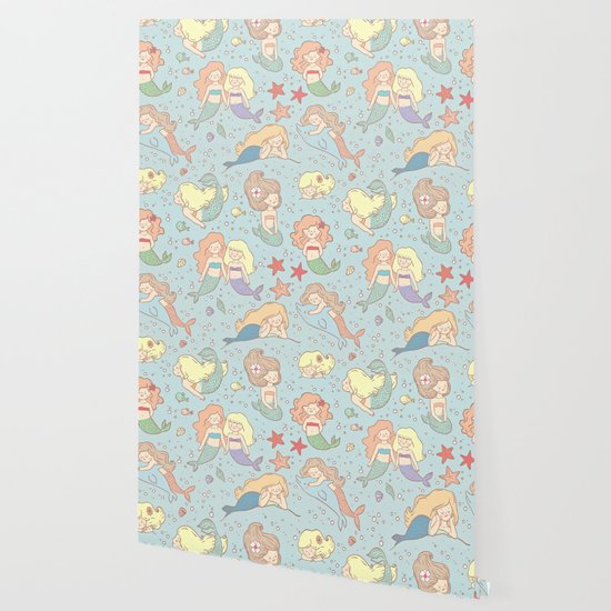 Cute Vintage Style Bff Mermaids Seamless Pattern Blue Wallpaper