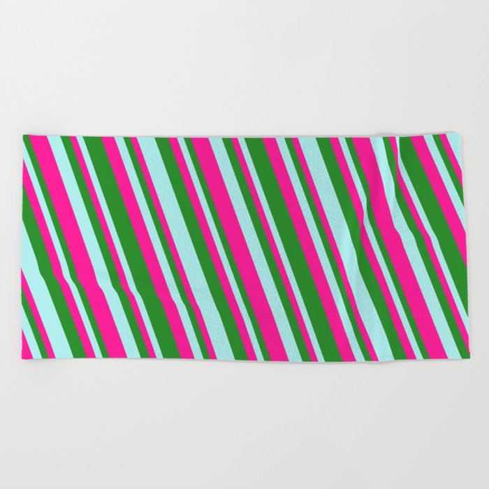 Turquoise, Deep Pink, and Forest Green Colored Pattern of Stripes Beach Towel