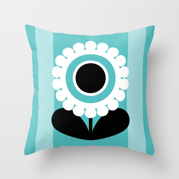 Turquoise Mid Century Modern Flowers // MCM Floral // Sky Blue, Black and White Throw Pillow