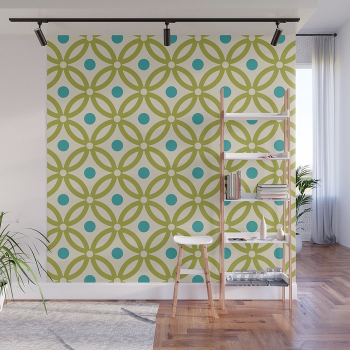 Pretty Intertwined Ring and Dot Pattern 642 Olive Green Blue and Beige Wall Mural