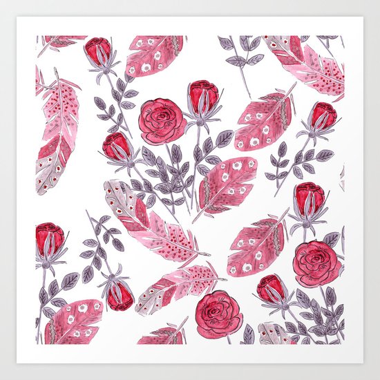Watercolor . Floral pattern with bird feather .1 Art Print