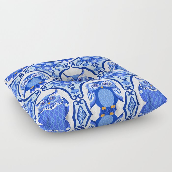 Delft Blue and White Owls and Flowers Floor Pillow