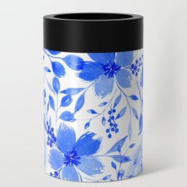 Blue and White Watercolor Florals Can Cooler