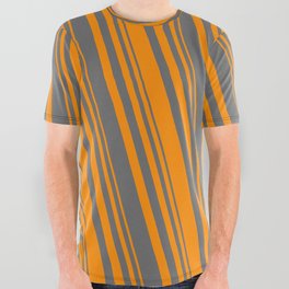 [ Thumbnail: Dark Orange and Dim Grey Colored Pattern of Stripes All Over Graphic Tee ]