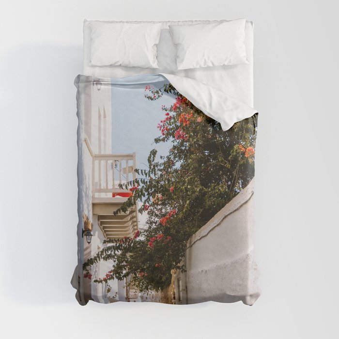 Small Greek Street | Flower Filled Mediterranean Ally | Travel Photography on the Islands of Greece Duvet Cover