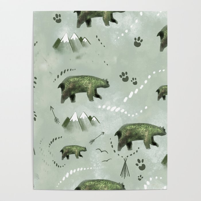 Bears and mountains pattern green Poster