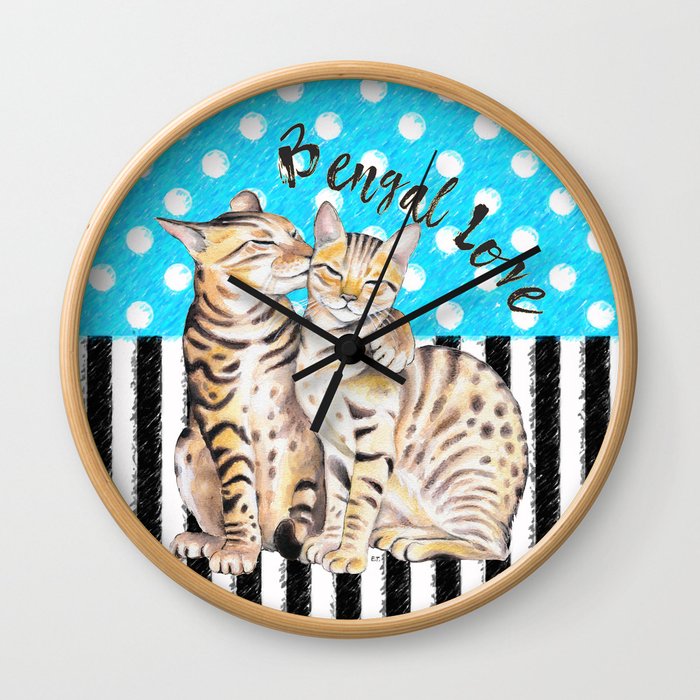 Bengal Cats Polka Dot Watercolor Love Wall Clock
