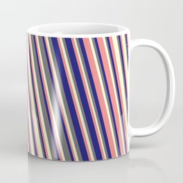 [ Thumbnail: Light Coral, Midnight Blue, Dim Grey, and Light Yellow Colored Stripes Pattern Coffee Mug ]