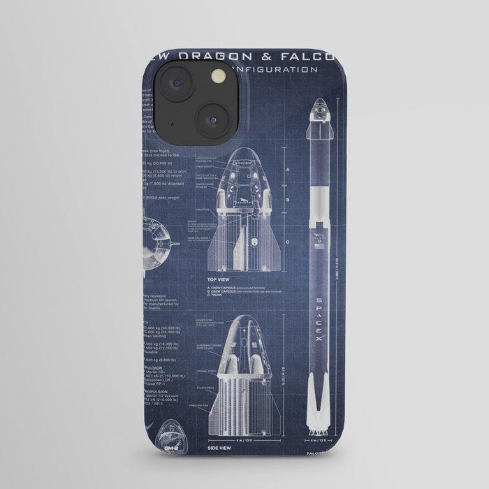 NASA SpaceX Crew Dragon Spacecraft & Falcon 9 Rocket Blueprint in High Resolution (dark blue) iPhone Case