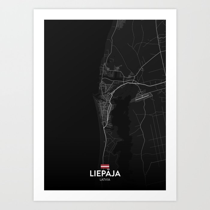 Liepaja, Latvia - Dark City Map Art Print
