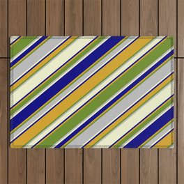 [ Thumbnail: Eyecatching Blue, Goldenrod, Green, Grey & Light Yellow Colored Pattern of Stripes Outdoor Rug ]