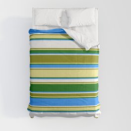 [ Thumbnail: Eyecatching Green, Tan, Dark Green, Blue, and White Colored Lines Pattern Comforter ]