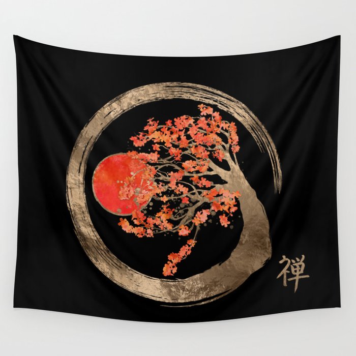 Zen Enso Circle and Golden Sakura Tree Wall Tapestry