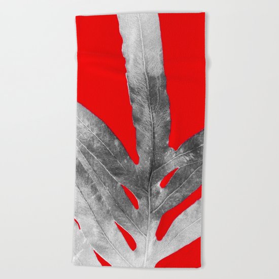 Green Fern on Red Inverted Beach Towel