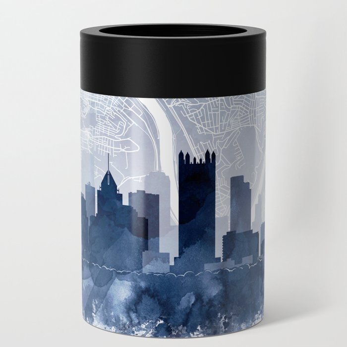 Pittsburgh Skyline Map Watercolor Navy Blue, Print by Zouzounio Art Can Cooler