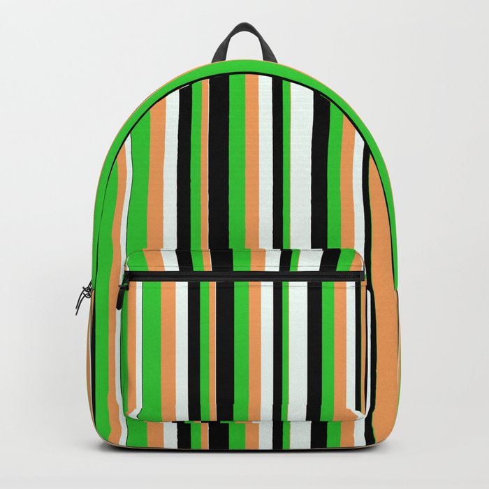 Brown, Lime Green, Black & Mint Cream Colored Stripes Pattern Backpack