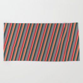 [ Thumbnail: Coral, Dark Slate Gray, Grey, and Crimson Colored Pattern of Stripes Beach Towel ]