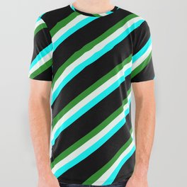 [ Thumbnail: Forest Green, Mint Cream, Cyan & Black Colored Striped Pattern All Over Graphic Tee ]