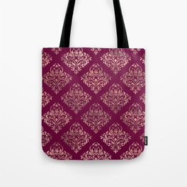 Pretty Cranberry and Gold Rose Diamond Damask Tote Bag