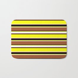 [ Thumbnail: Yellow, White, Sienna & Black Colored Stripes/Lines Pattern Bath Mat ]