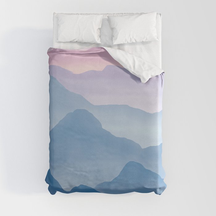 Magical Candy Hand-painted Watercolor Mountains, Abstract Airy Mountain Landscape in Pastel Blue, Violet and Purple Hues Duvet Cover