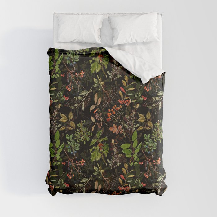 Vintage & Shabby Chic - vintage botanical wildflowers and berries on black Duvet Cover