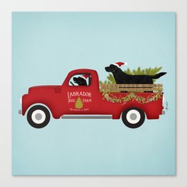 Black lab dog labrador christmas tree farm vintage red truck Canvas Print