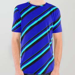 [ Thumbnail: Aqua, Black & Blue Colored Lines/Stripes Pattern All Over Graphic Tee ]