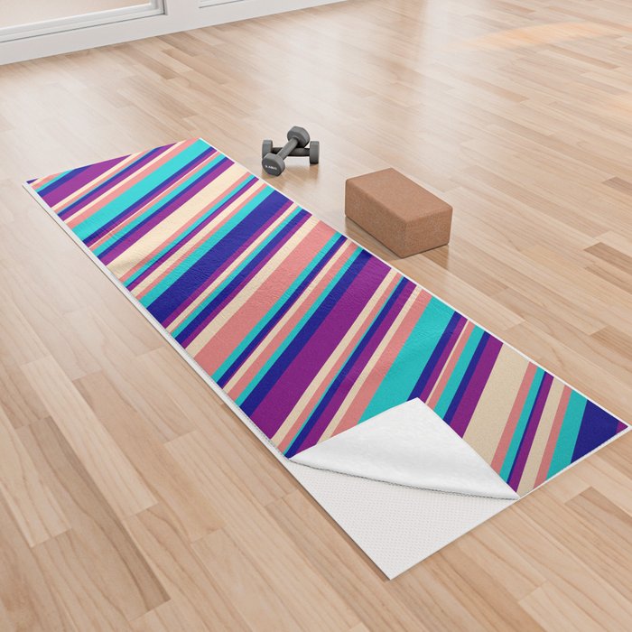 Light Coral, Bisque, Purple, Dark Blue, and Dark Turquoise Colored Lined/Striped Pattern Yoga Towel