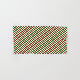 [ Thumbnail: Christmas Inspired Green, White & Red Colored Lines/Stripes Pattern Hand & Bath Towel ]