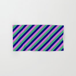 [ Thumbnail: Orchid, Sea Green & Blue Colored Pattern of Stripes Hand & Bath Towel ]