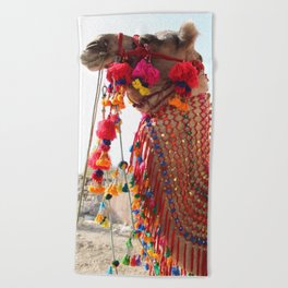 Boho Camel with Tassels and Pom Poms, in India Beach Towel