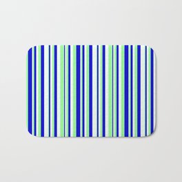 [ Thumbnail: Mint Cream, Green, and Blue Colored Pattern of Stripes Bath Mat ]