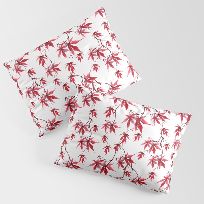 Watercolor Botanical Red Japanese Maple Leaves on Solid White Background Pillow Sham