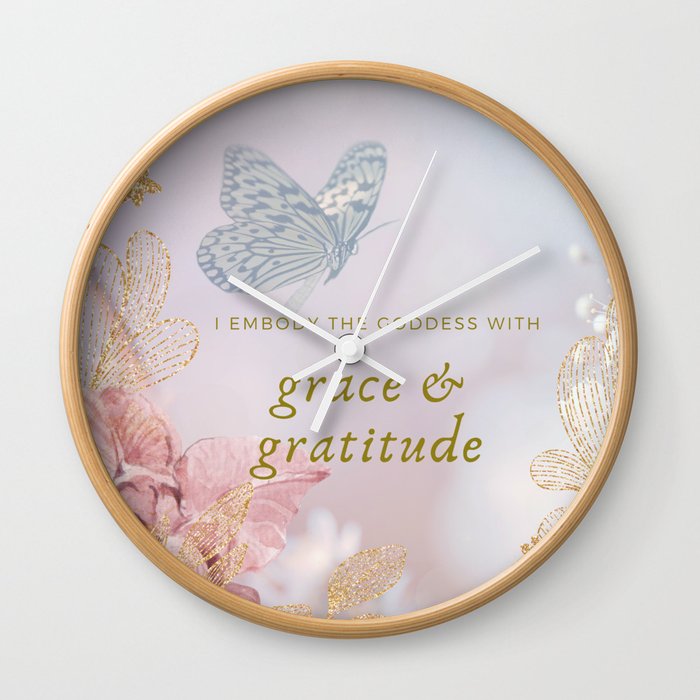 Shimmering Pink and Gold Grace and Gratitude Embodiment Affirmation Wall Clock
