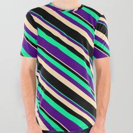 [ Thumbnail: Green, Indigo, Beige, and Black Colored Striped Pattern All Over Graphic Tee ]