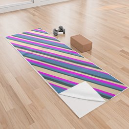 [ Thumbnail: Tan, Fuchsia, Blue, and Dark Slate Gray Colored Stripes Pattern Yoga Towel ]
