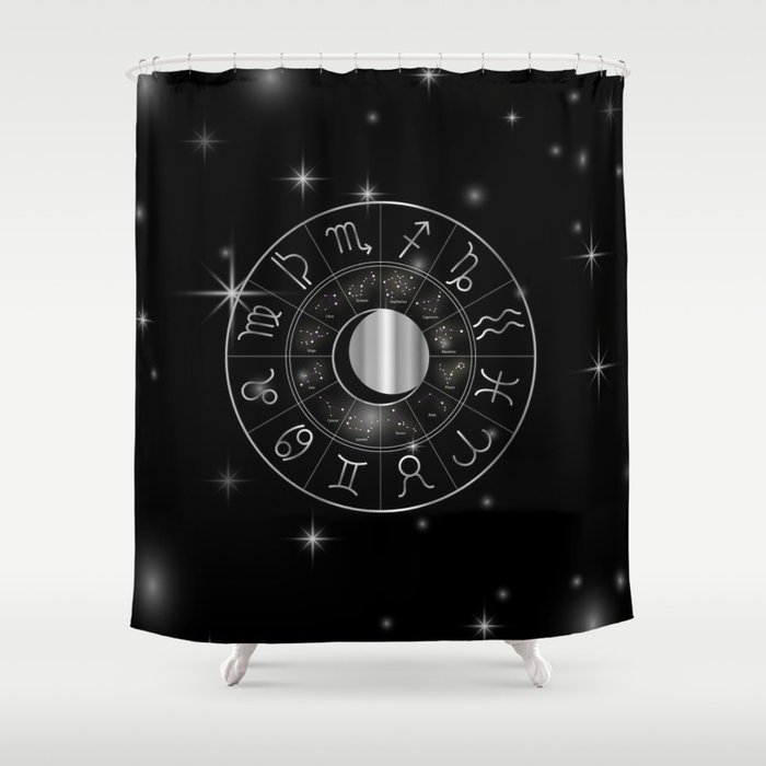 Zodiac astrology wheel Silver astrological signs with moon and stars Shower Curtain